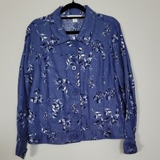 Coldwater Creek 100 Linen Jacket Size M Blue Floral Button Up Coastal Grandma