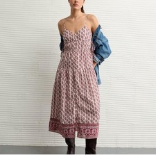 American Eagle Outfitters Sleeveless V-Neck Side Tie Tiered Midi Dress Berry S