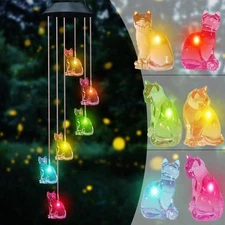 Solar Color Changing LED Cat Wind Chimes Home Garden Yard Outdoor Decor Lamp