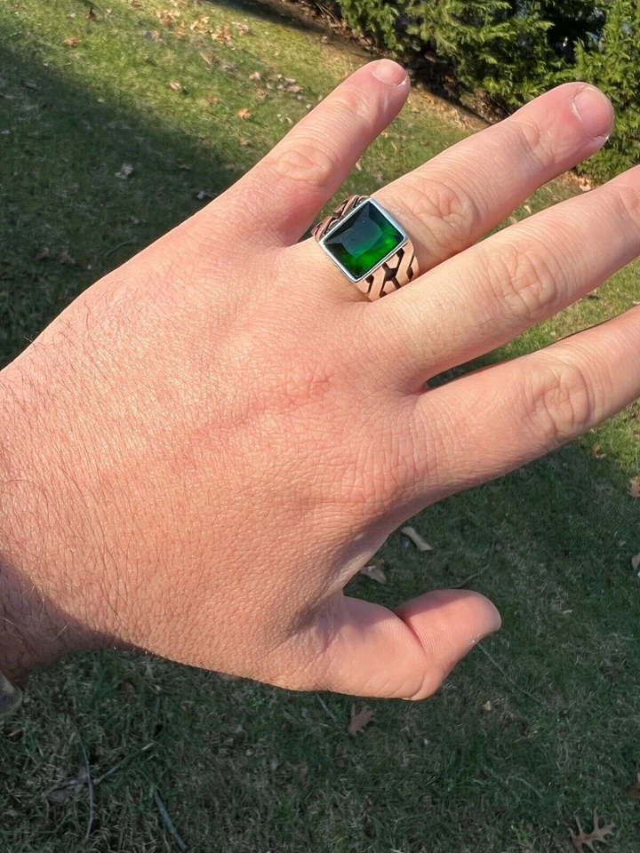 Anillo de plata esterlina 925 sólida real para hombre piedra verde piedra preciosa grande sello meñique Foto 2 de 4