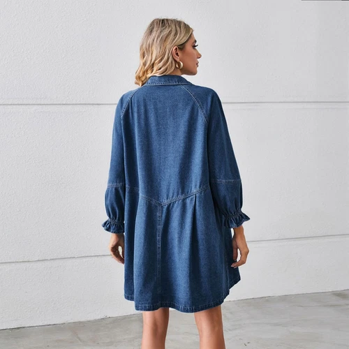 Women's Denim Dress Long Sleeve Babydoll Cute Casual Raglan Sleeve Skater Dress - Foto 14 di 37