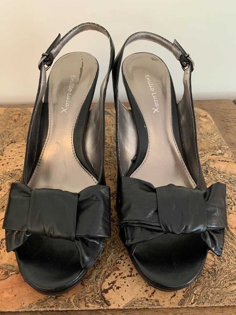 Emilio Luca black bow front peep toe slingback heel sandals UK