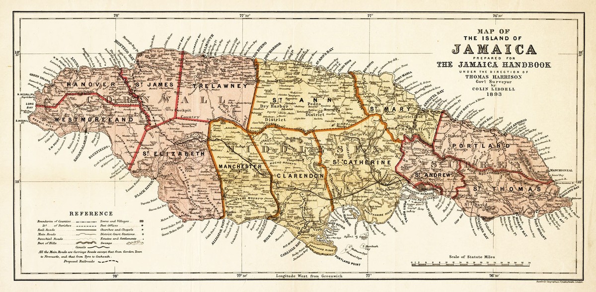 1893 Map of the island of Jamaica Colin Liddell Vintage Wall