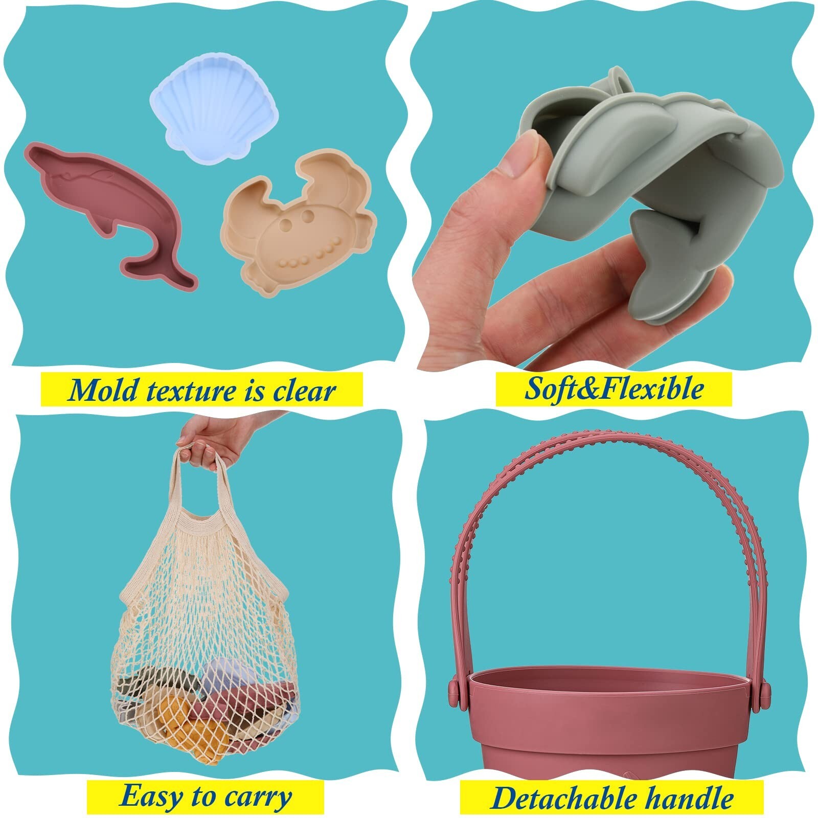 16 Pcs Silicone Beach Toys and 1 Mesh Beach Bag Set Collapsible Sand