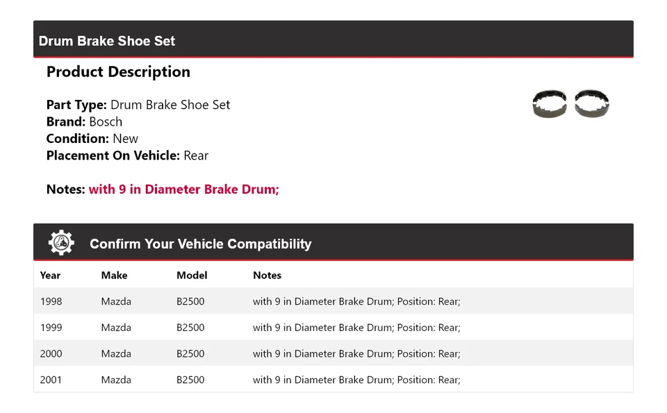 Juego de zapatas de freno de tambor traseras para Mazda B2500 Bosch 1998-2001 1999 2000 Foto 2 de 4