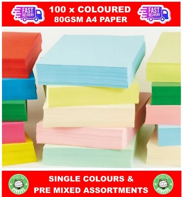 100 A4 PAPER SHEETS - 80GSM COLOURED PRINTER COPIER CRAFT PAPER -SELECT A COLOUR