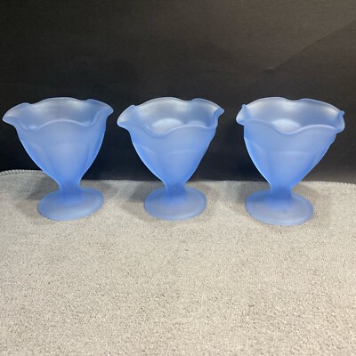 Three Glass Frosted Fountain Ware Sundae Ice Cream SATIN BLUE Dessert Cups EUC