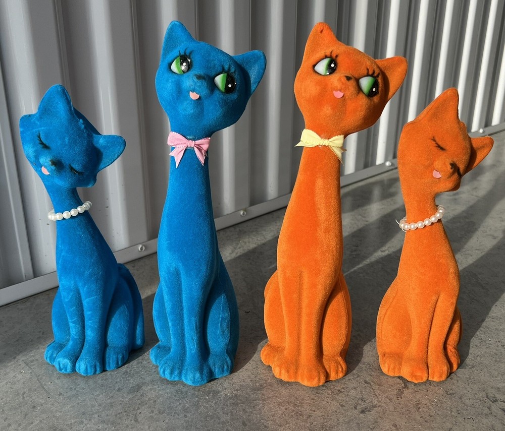 ✨SET OF (4) NOS VTG 1960s MCM CAT CATS FLOCKED FIGURINE KITSCH RETRO VTG 13”