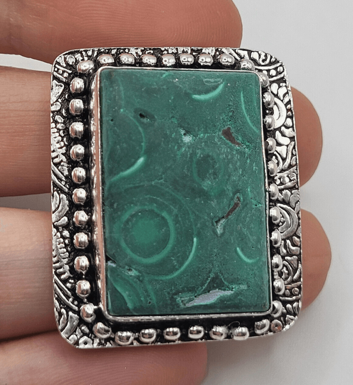Bohemian Rectangular Malachite Chunky Ring sz 11 - image 1