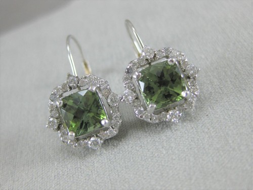 FANCY 3.25CTW DIAMOND GREEN TOURMALINE HANGING 14K W GOLD CUSHION EARRINGS E3920 - Picture 2 of 12