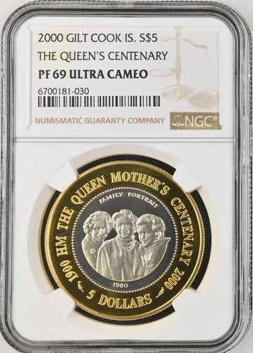 2000 GILT COOK ISLANDS SILVER 5 DOLLARS THE QUEEN'S CENTENARY-NGC PF69 UC