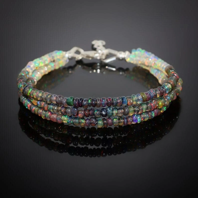Original Schwarz mit Weiß Äthiopische Feuer Opal Perlen Armband Geschenk Schmuck - Bild 4 von 4