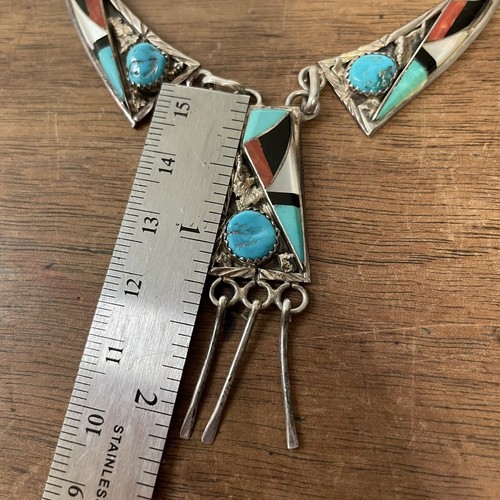 Collar Nativo Americano Firmado MH Plata Esterlina Incrustaciones Turquesa Coral Ónix - Imagen 9 de 12