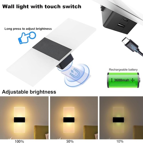 Battery Operated Wall Sconce Set of 2, Rechargeable Wall Lights Touch Control Di - Picture 3 of 7