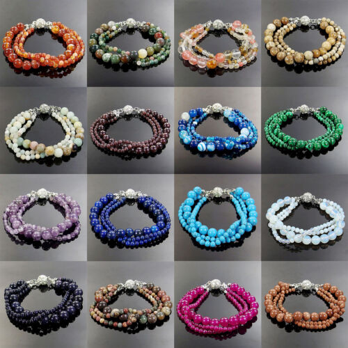 3 brins naturels 4 mm 8 mm gemmes de jade perles rondes bracelet 7,5 pouces fermoir magnétique - Photo 1/180