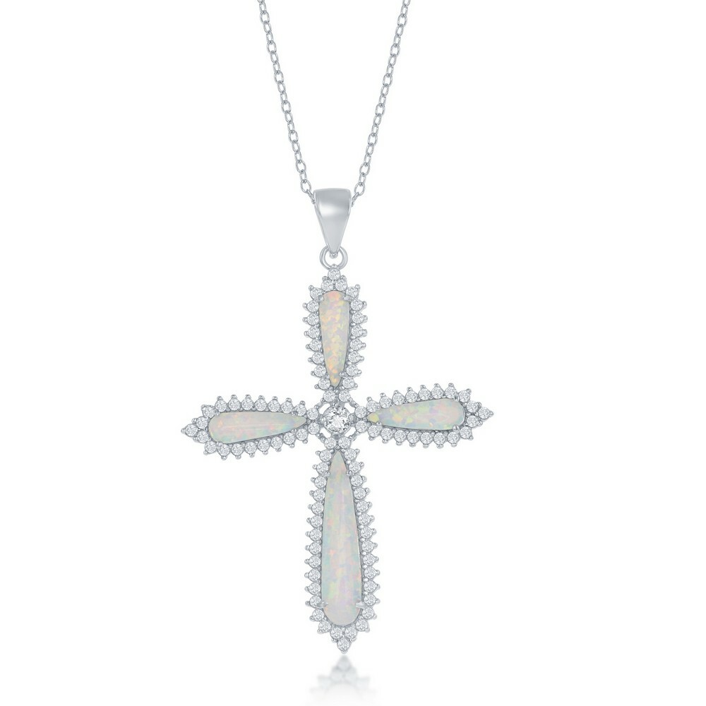 Women's Pendant Sterling Silver White Opal CZ Border Large Cross Bail