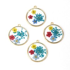 C 8PCS Gold Tone Dried Pressed Flower Resin Round 30mm Charm Pendant GYX2010
