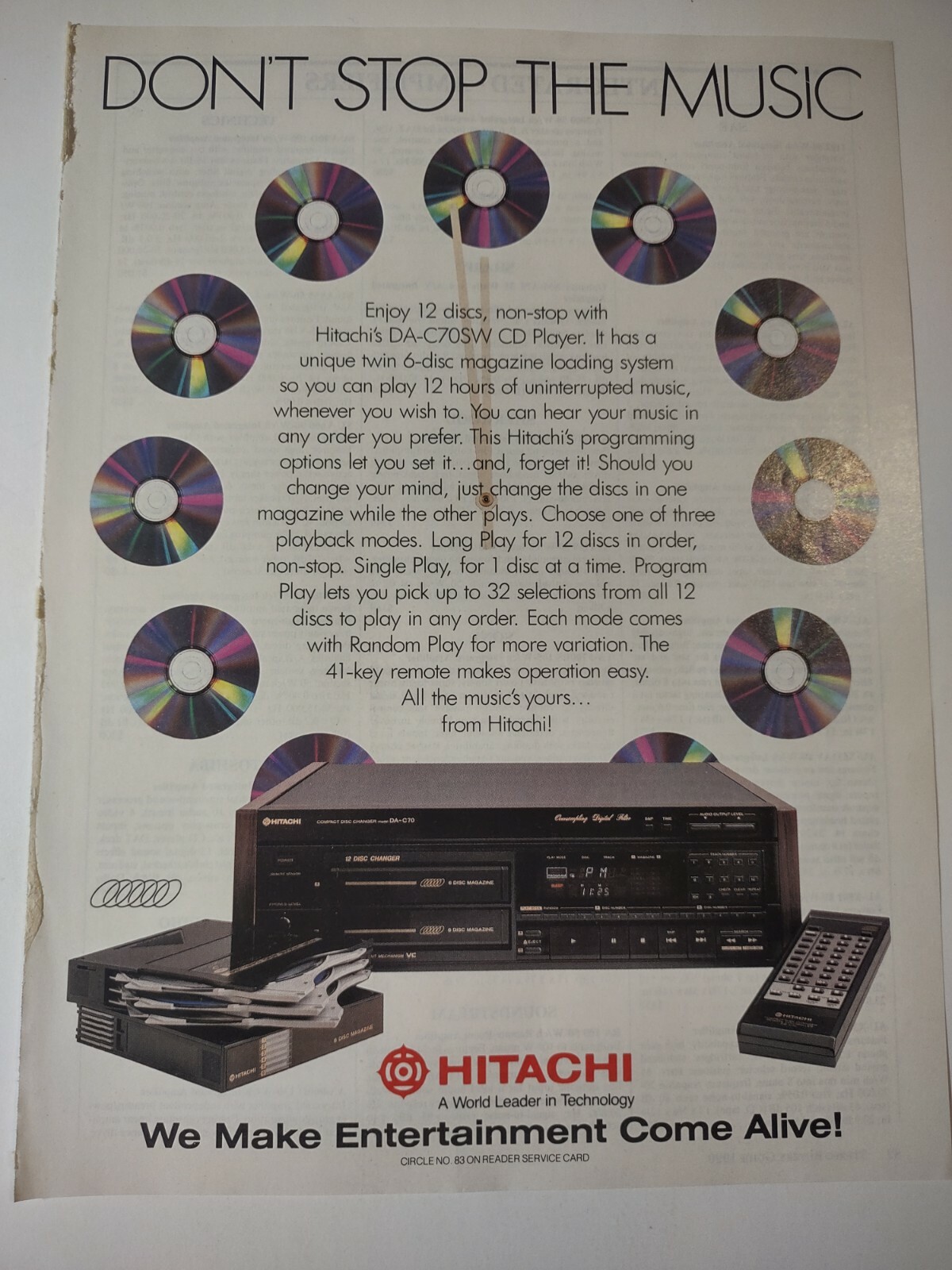 Hitachi DA C70SW CD Player Dont Stop the Music Vintage Print Ad