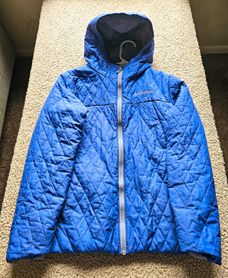Columbia Youth Quilted Hooded Lined Nylon Jacket Blue/Gray Size 14-15