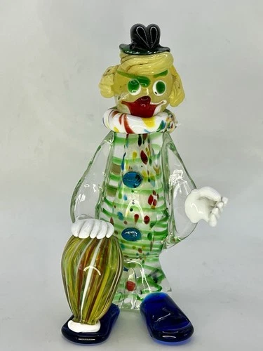 Vintage Murano Hand Blown Art Glass Clown Hat Green Yellow Figurine 7” READ