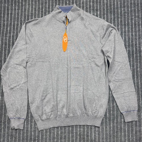 Brioni, Bianco Brioni Mens Quarter Button Sweater 2XL Charcoal Grey Cotton Elbow Patch