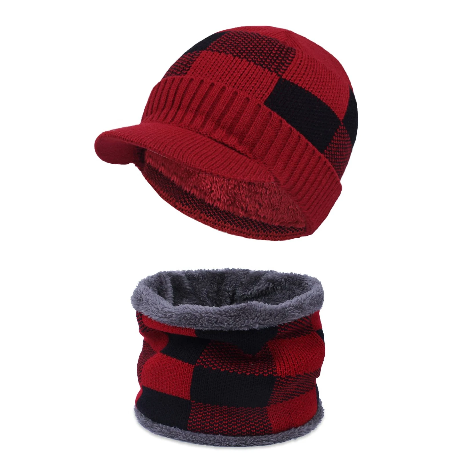 Winter Beanie Scarf Set for Men knitted Visor Warm Thick Fleece Lined Hat Nec...