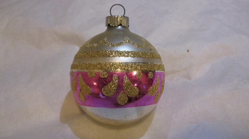 Vintage Christmas Shiny Brite Pink Glass Stencil Ornament Gold Mica