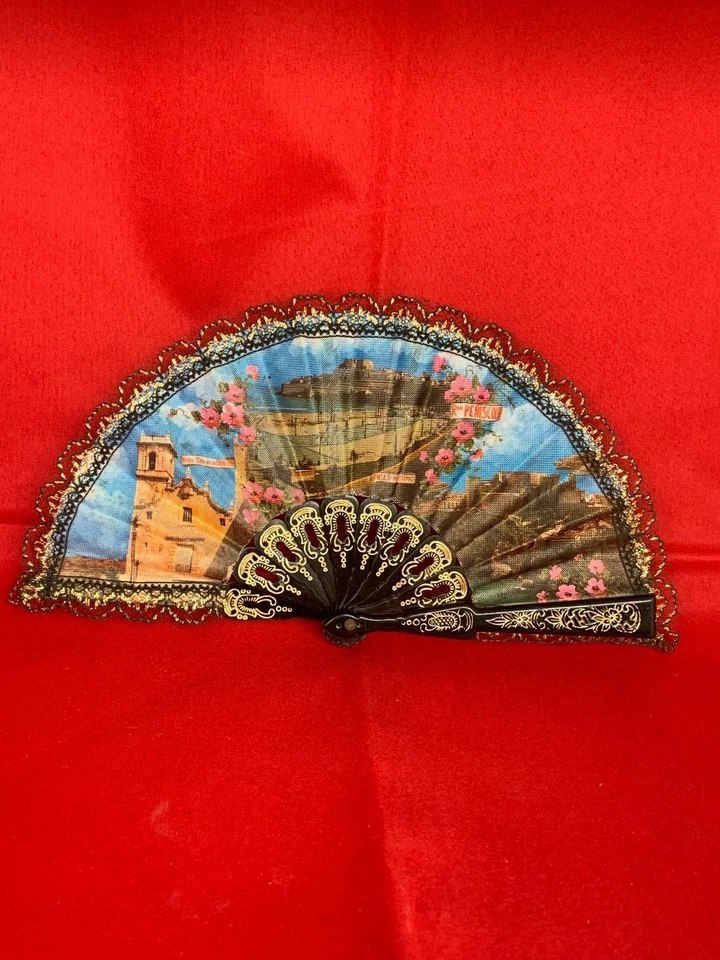 SPANISH FAN WITH PEÑISCOLA DECORATION VINTAGE ABANICO - Imagen 3 de 4