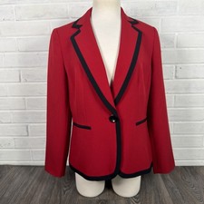 Le Suit Crepe One Button Blazer Jacket Women Size 10 Fire Red Black Trim Career