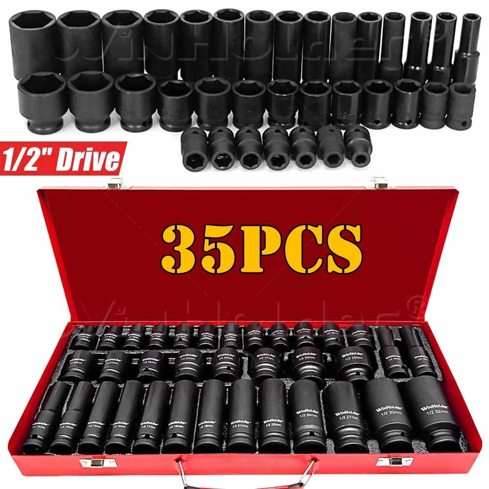 35PCS Thin Wall Deep Impact Socket Set 1/2 Inch Drive 6 Point Metric 8 - 32MM