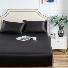 Black Full Size Satin Fitted Sheet Only Ultra Soft Deep Pocket Bottom Sheet
