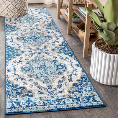 Boho Vintage Cream/Blue Runner Rug, 2X8, Bohemian Flair Medallion, Floral Easy-C