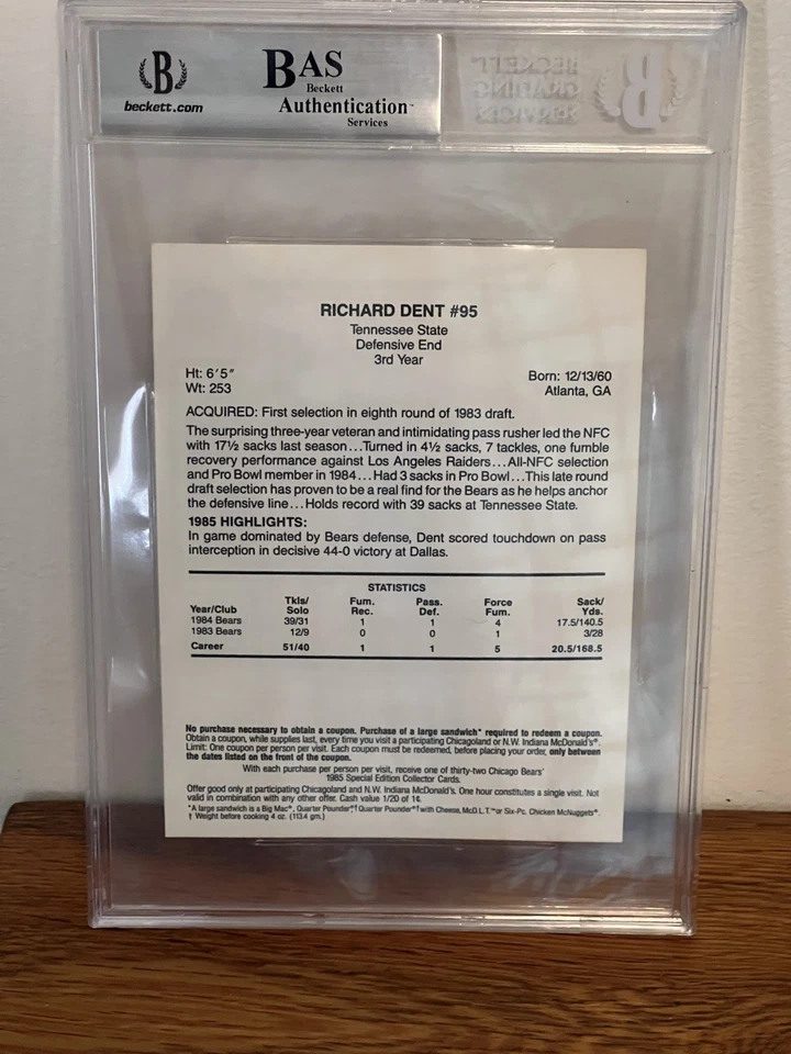 RICHARD DENT AUTO BECKETT 1985 MCDONALDS YELLOW TAB #95 Card CHICAGO BEARS HOF - Image 2 of 4