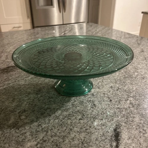 VTG Anchor Hocking Wexford Emerald Green Cake Plate Stand Footed Diamond 12”