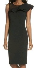 ELIZA J ASYMMETRICAL RUFFLE NECK CREPE SHEATH BLACK DRESS SIZE 10 NEW