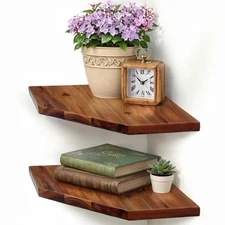 Corner Shelf Wall Mount Set of 2 Solid Acacia Wood 11.8 X 16.5 Inches Floating