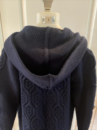 SAOL Aran Long Hooded Cardigan Sweater Navy Blue 100% Merino Wool Knitted Size L - Picture 10 of 16