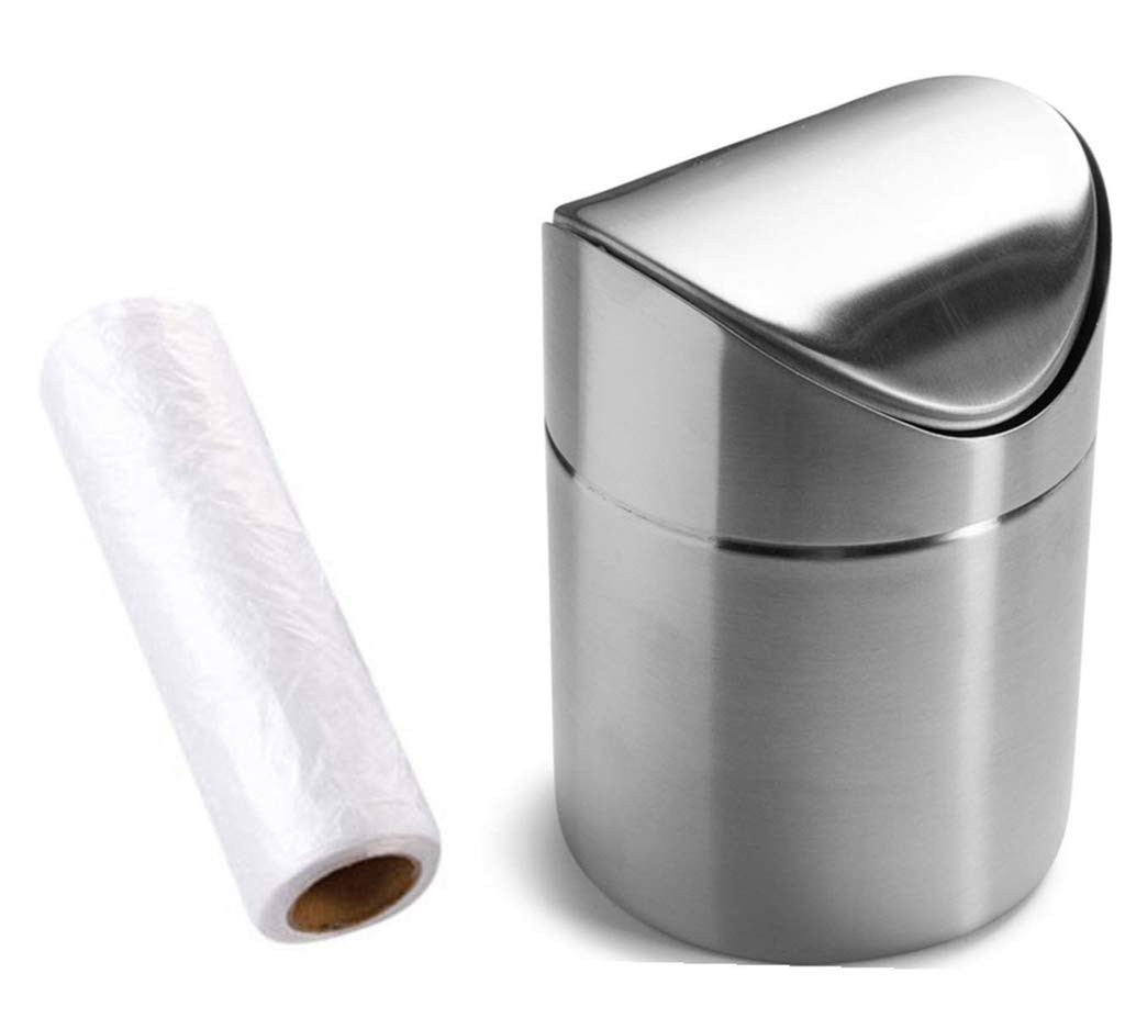 Mini Countertop Brushed Stainless Steel Swing Lid Trash Can Set, Come with Tr...