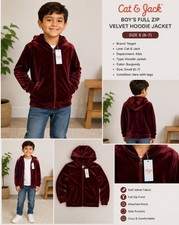 Cat Jack Boy's Full Zip Velvet Hoodie Jacket Burgundy Red - Size S 6-7