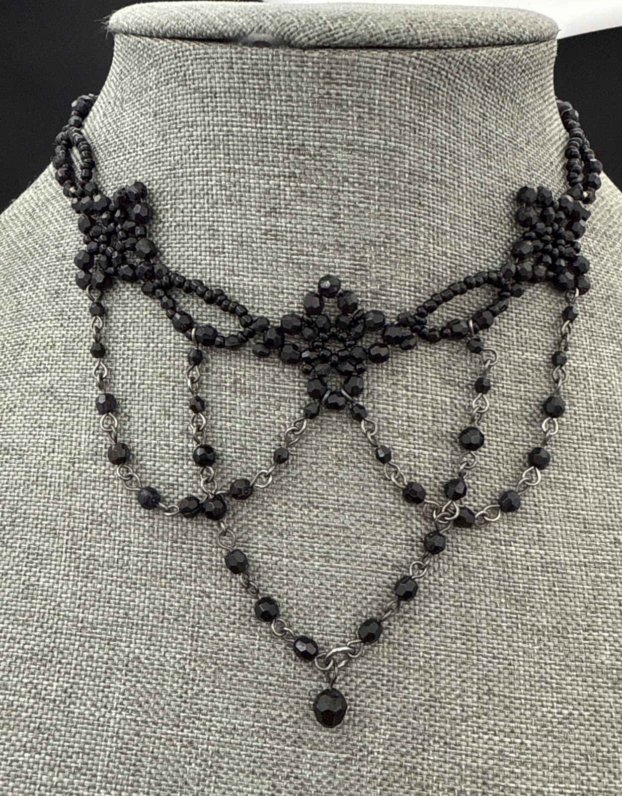 Black Beaded Choker Necklace with 3 Dangling Loop Accents