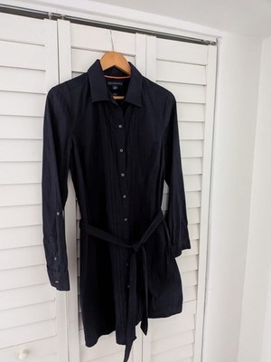Tommy Hilfiger Stretch Belted Collared Shirt Dress Black Long Sleeve Size L