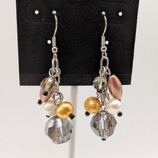 Cluster Style Dangle Earrings Neutral Tones Beads Faux Pearl Hook 2.25" NEW