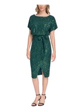 KENSIE DRESSES Womens Green Tie Belt Lined Short Sleeve Blouson Dress 2