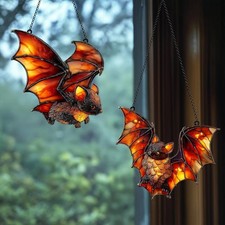 Golden Bat Suncatcher, Faux Stained Glass Halloween Decor for Witchy Homes