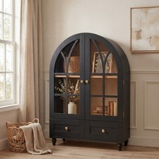 2-Tier Display Cabinet w/Glass Doors, Curio Cabinet w/Drawer  Solid Wood Legs