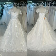 Wedding Dresses Short Sleeves Illusion Sweep Train Lace Appliques Bridal Gowns