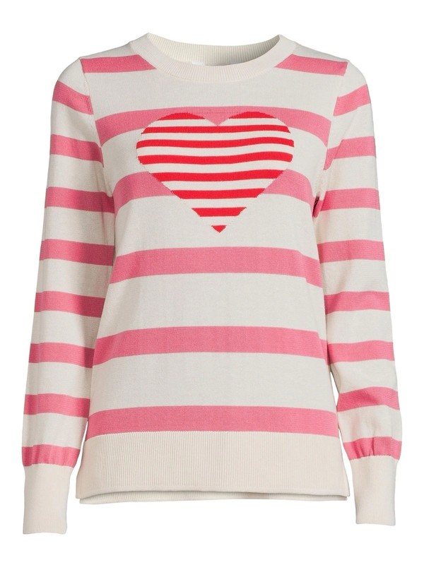 Time and Tru Girls Pullover Sweater M (8-10) Pink White Striped Heart Crew Neck