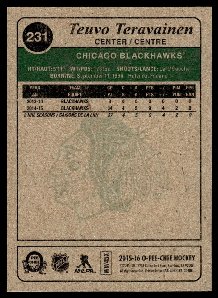 2015-16 O-Pee-Chee Retro Teuvo Teravainen Chicago Blackhawks #231 - Image 2 of 2