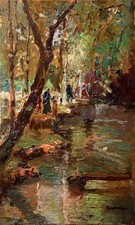 Attilio Pratella 1856-1949 Attributed - Walker By Forest Stream.