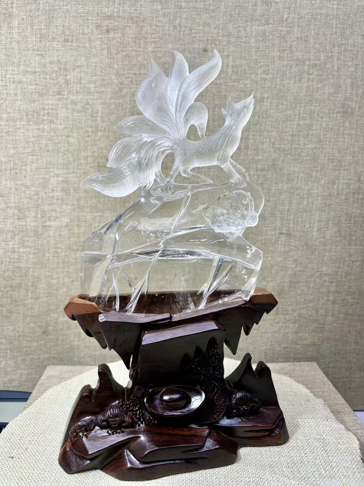 Natural Clear Quartz Ornament Carving Nine Tailed Fox Design with Wooden Base